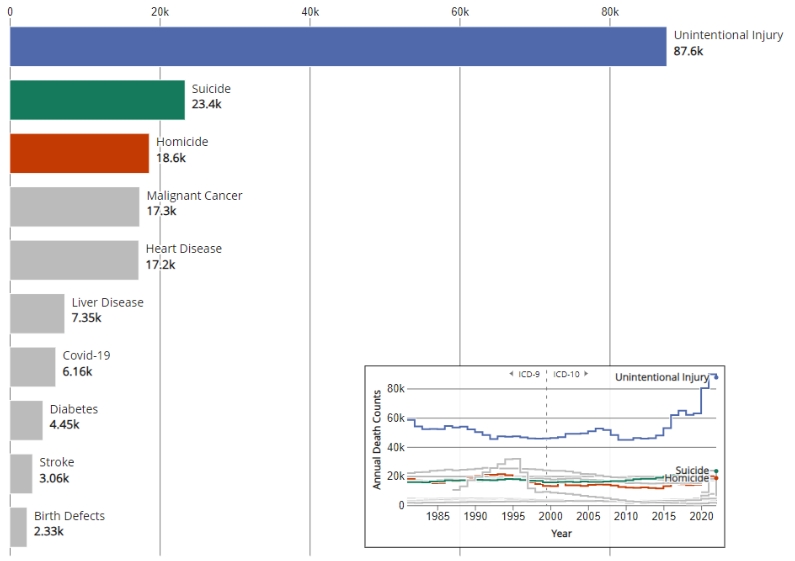 Top Ten Leading Causes of Death in the U.S. for Ages 1-44 from 2022